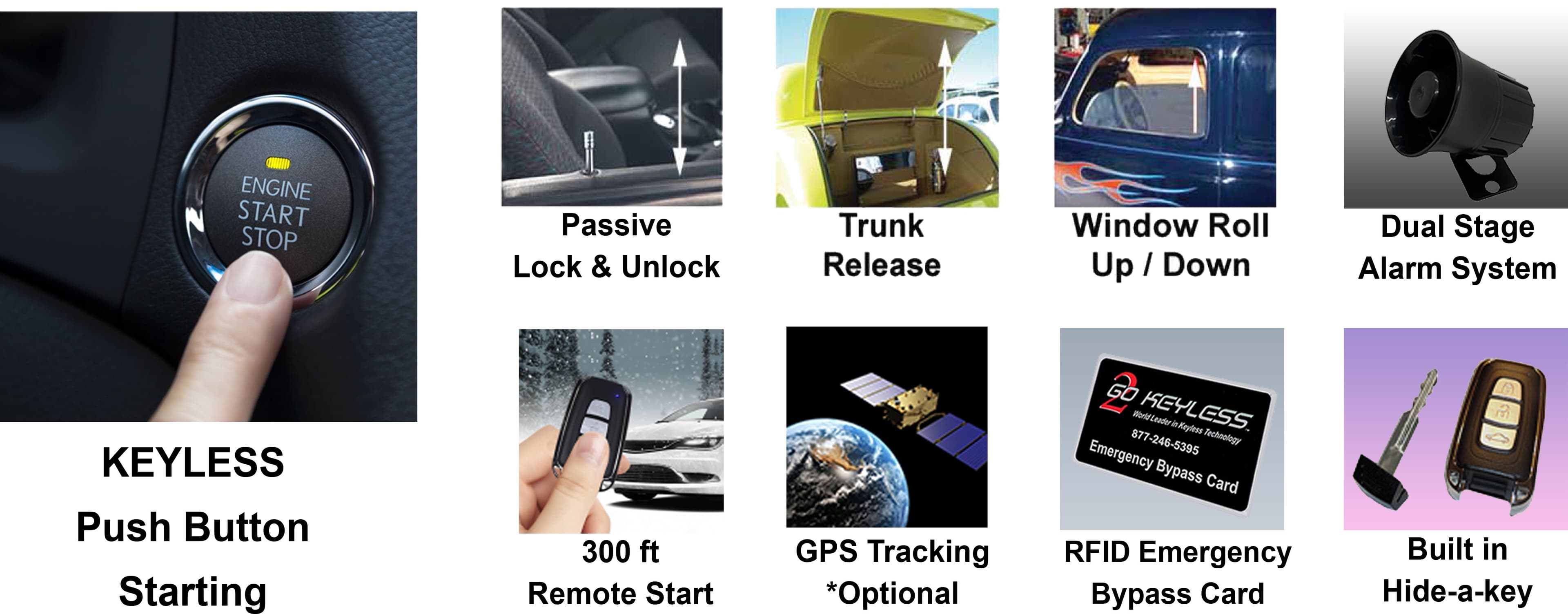 iKey Premier Features - Keyless Push Button Starting, Passive Lock and Unlock, Trunk Release, Window Roll Up/Down, Dual Stage Alarm System, 300ft Remote Start, GPS Tracking, RFID Emergency Bypass Card, Built in Hide-a-key