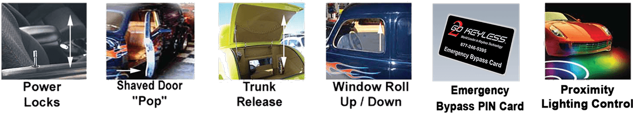 PBS-II Features - Power Locks, Shaved Door Pop, Trunk Release, Window Roll Up/Down, Emergency Bypass PIN Card, Proximity Lighting Control
