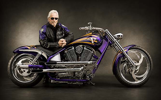 Custom motorcycle icon Arlen Ness with a Victory motorcycle running a Digital Guard Dawg keyless system